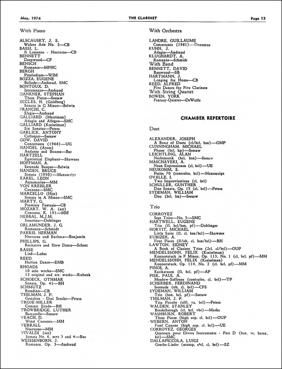 A Preliminary Listing Of Bass Clarinet Repertoire