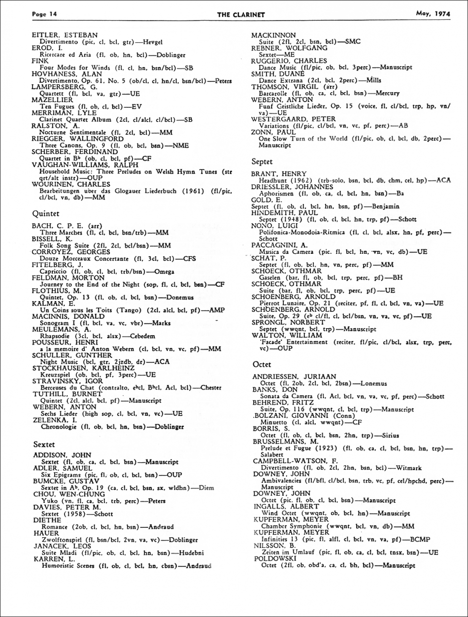 A Preliminary Listing Of Bass Clarinet Repertoire
