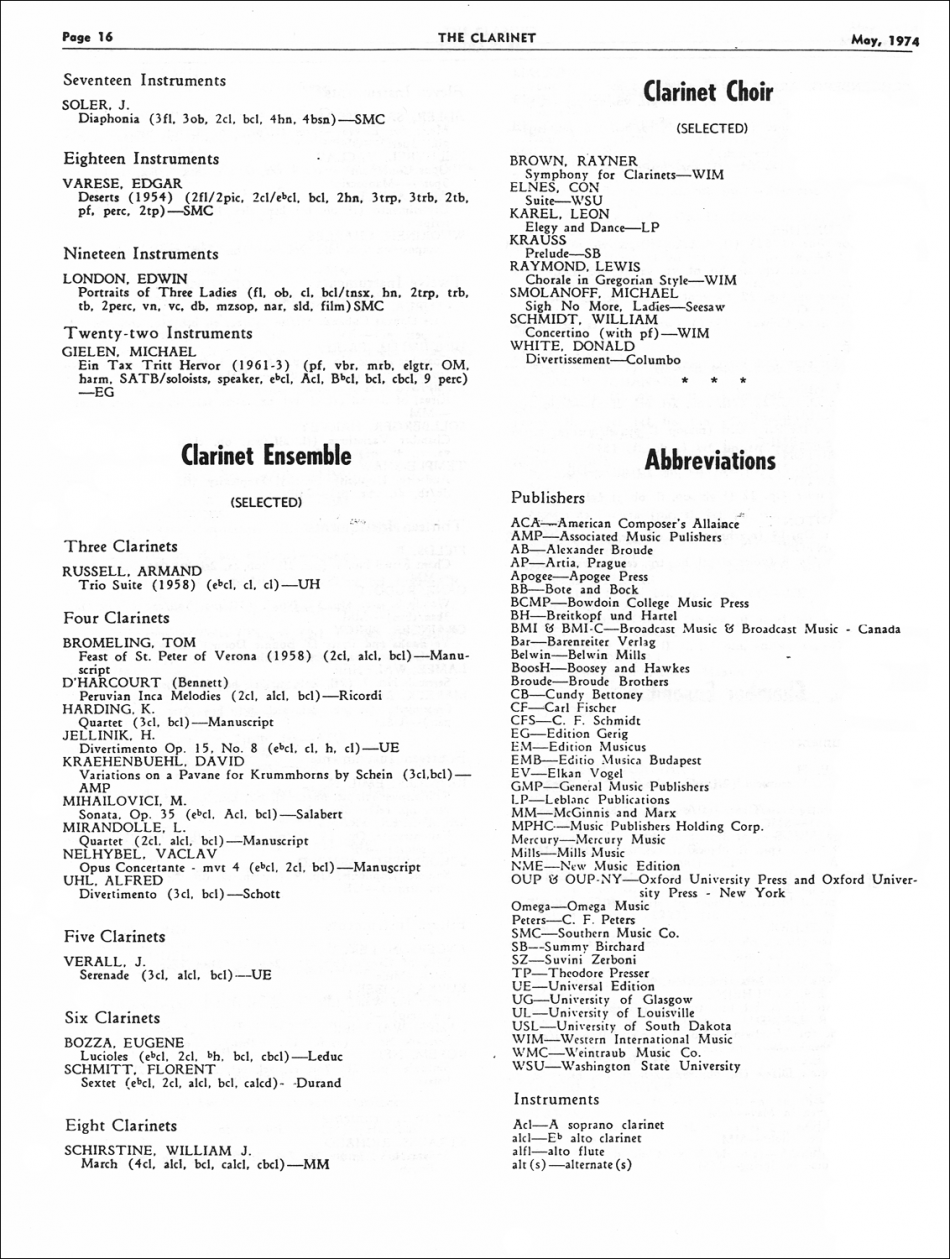 A Preliminary Listing Of Bass Clarinet Repertoire