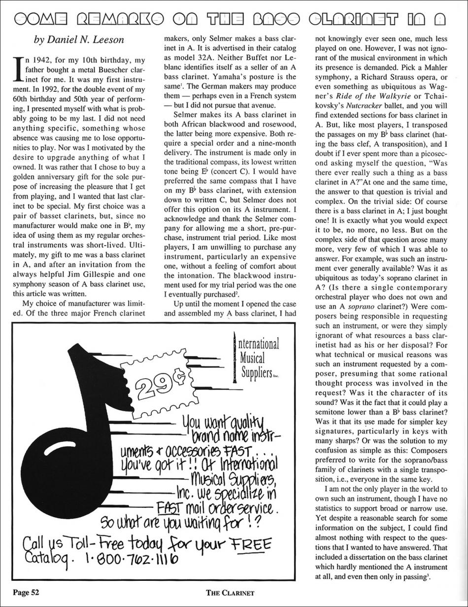 Some Remarks on the Bass Clarinet in A