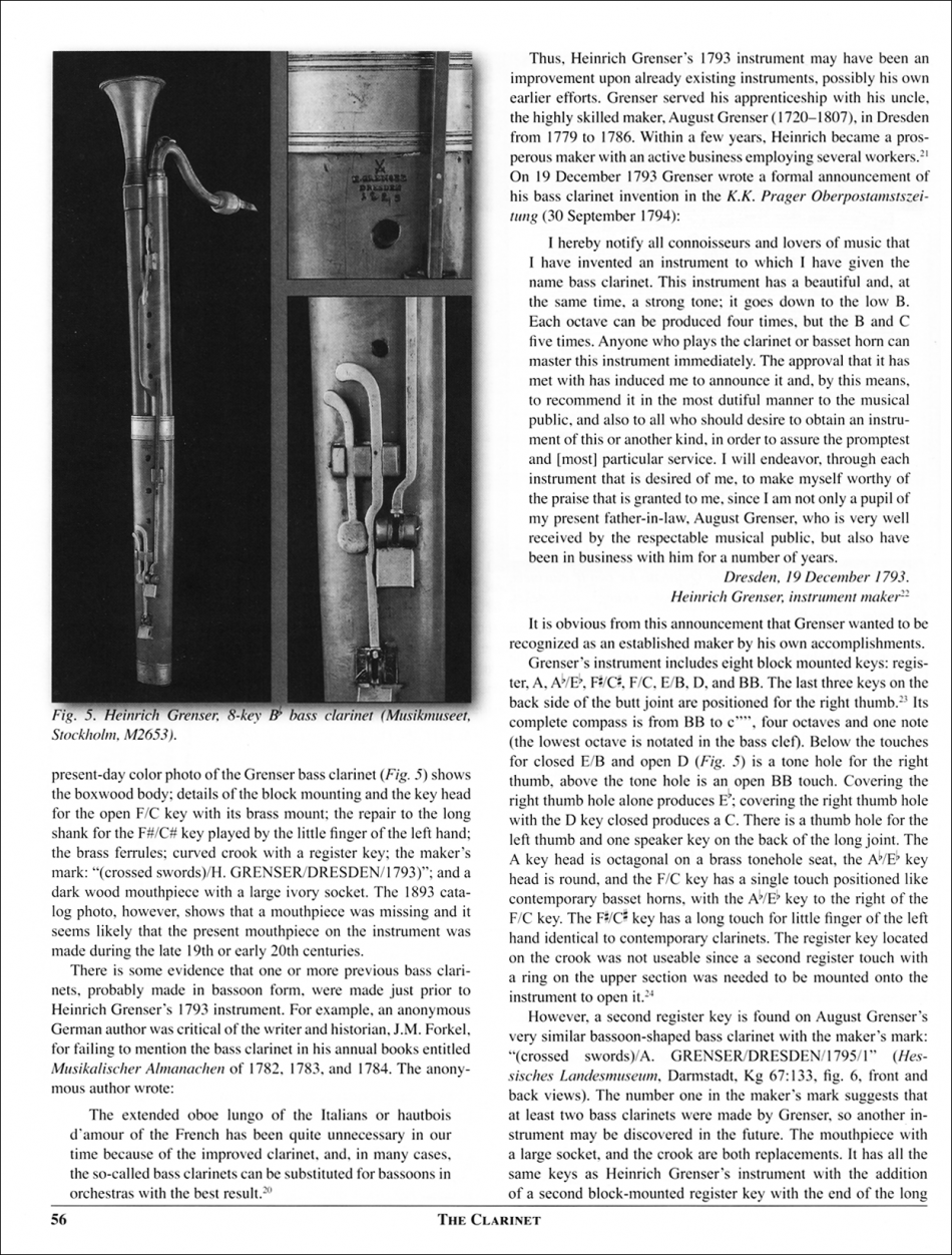 The Early Bass Clarinet Music (1794) and the Bass Clarinets by Heinrich and Augu